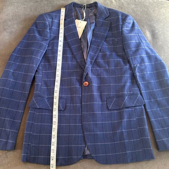 Men’s Blue Plaid 3 Piece Slim Fit Suit Notched Lapel Jacket 34 Pants 32 NEW - Picture 5 of 16